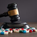 Closeup image of colorful medicine pills and judge gavel on table.